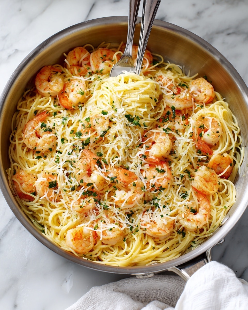A shiny silver pan filled with light yellow spaghetti noodles layered at the bottom, topped with pink-orange cooked shrimp scattered throughout, and a light sprinkling of finely chopped green herbs and white shredded cheese evenly spread on top. Two forks are lifting some noodles and shrimp from the pan. The pan sits on a white marbled surface with a white cloth partially visible to the right. Photo taken with an iphone --ar 4:5 --v 7