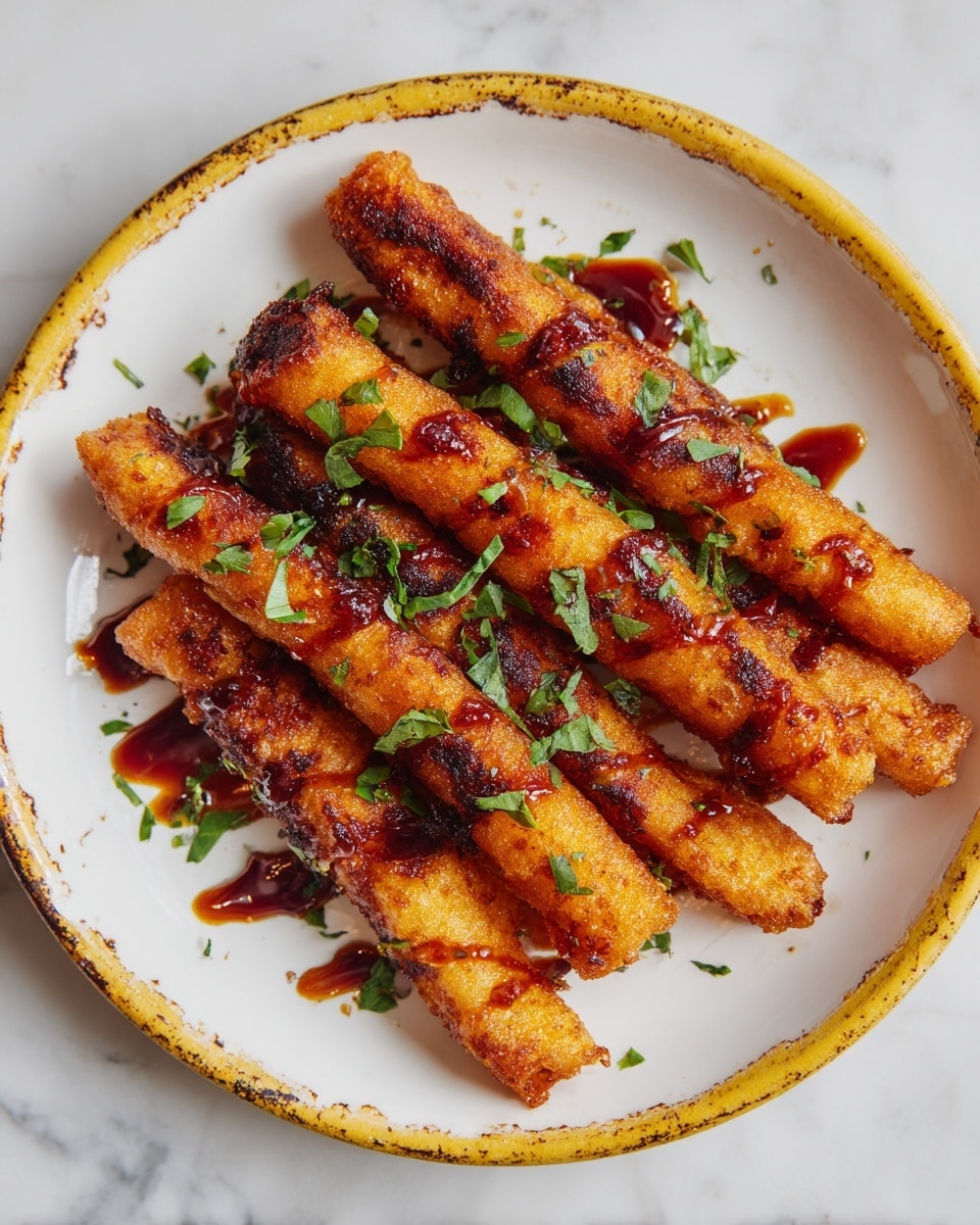 The image shows a white plate with a delicate red floral pattern, arranged with 14 golden-brown fried plantain sticks in a circular pattern around a small white bowl filled with dark brown dipping sauce in the center. Each plantain stick is long and slightly crunchy looking with a textured surface and crispy edges, radiating outward from the bowl like spokes on a wheel. The plate sits on a white marbled surface, making the colors of the plantains and sauce stand out clearly. photo taken with an iphone --ar 4:5 --v 7