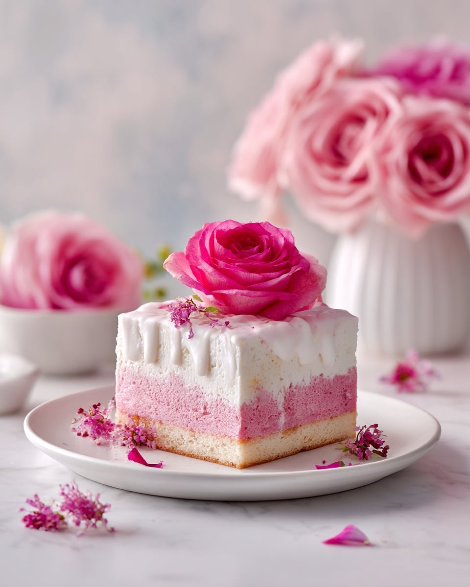 A square piece of cake on a white plate, with three visible layers: the bottom layer is dense and pink, the middle layer is a creamy light yellow that oozes slightly into the pink layer, and the top layer is thick and white with a smooth texture. On top of the cake, there is a large pink flower with soft petals and a yellow center, along with scattered light pink flower petals around the cake and on the plate. The background is a white marbled surface with more pink flowers and petals, creating a delicate and fresh look. photo taken with an iphone --ar 4:5 --v 7