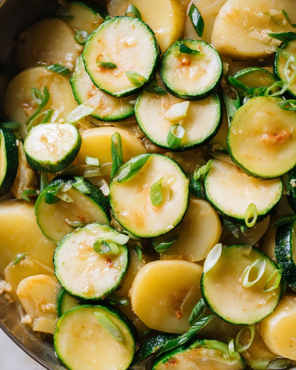 The image shows a close-up of sliced yellow potatoes and green zucchini cooking together in a pan. The potatoes form a base layer with their smooth, light yellow surfaces, while the zucchini slices create a secondary layer around the edges, featuring a dark green skin and pale green inside. Small pieces of green onion are scattered throughout, adding tiny bright green spots. The dish looks moist with a slight shine from cooking liquid or oil. The background is a white marbled texture photo taken with an iphone --ar 4:5 --v 7