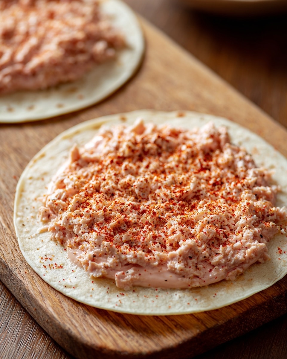 The image shows a thin round tortilla placed on a wooden board with a layer of finely ground pink chicken spread evenly over its surface, covering almost the entire tortilla. On top of the chicken layer, there is a light sprinkling of red powdered seasoning, adding a textured and slightly rough look. Another partially visible tortilla with the same toppings is in the background on the same wooden board. The board's wood grain texture is prominent around the edges of the tortillas. photo taken with an iphone --ar 4:5 --v 7