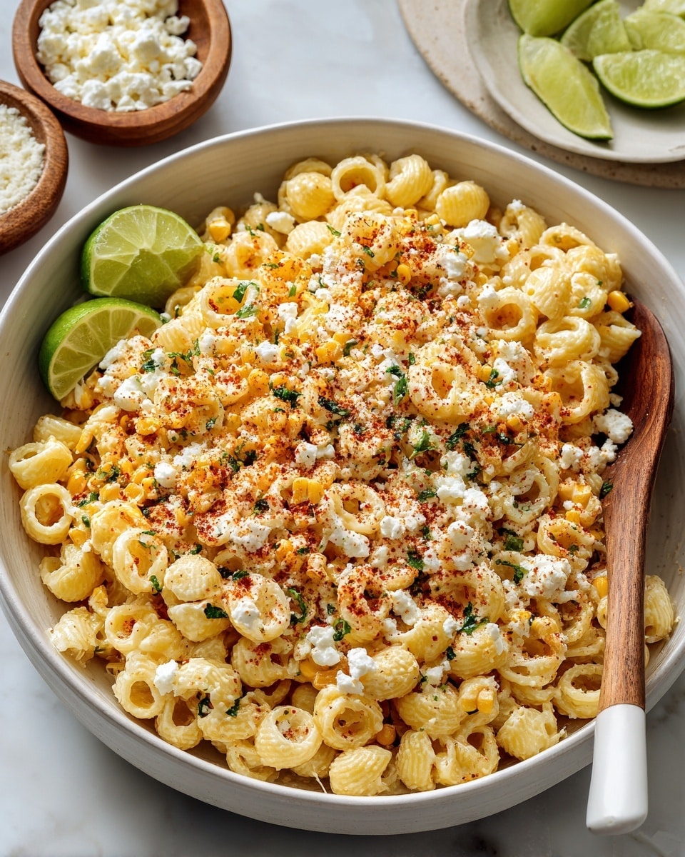 A large white bowl filled with layers of creamy corn pieces mixed with small pasta rings, sprinkled evenly with white crumbled cheese and green chopped herbs, topped with a light dusting of red spice powder. On the side of the bowl, two lime wedges with bright green skin add a fresh touch. A wooden spoon with a white handle rests inside the bowl, partially covered by the corn mixture. In the background, there are blurred white marbled surfaces with small bowls containing more white cheese with some corn and red spice visible, along with a white plate holding lime halves. The photo taken with an iphone --ar 4:5 --v 7