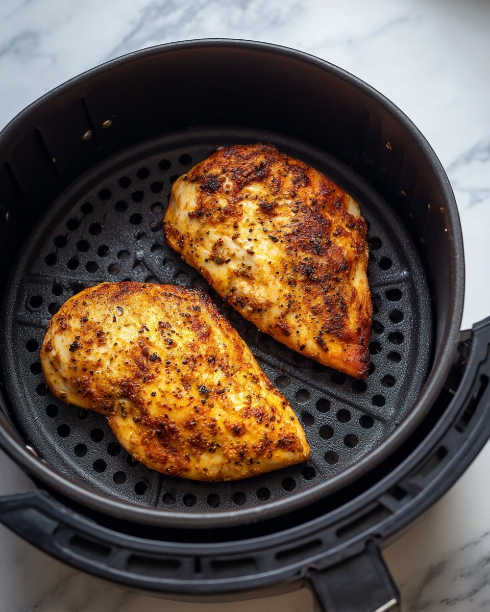 Two cooked seasoned chicken pieces with a golden-brown, slightly crispy texture sit inside a black air fryer basket with a perforated bottom. The chicken pieces have visible black pepper and spice spots on their surface. The air fryer basket is round with a smooth black interior and a handle attached at the front. The backdrop is a white marbled texture. photo taken with an iphone --ar 4:5 --v 7
