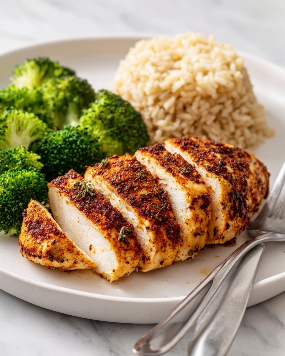 On a white plate with a white marbled surface below, there is a thick, golden-brown chicken piece with a slightly crispy and well-seasoned outer layer. The chicken is sliced into several pieces, showing a white, tender inside. To the left side of the chicken, there are bright green broccoli florets that appear fresh and cooked. Behind the chicken and broccoli, there is a mound of soft, light beige rice with a slightly fluffy texture. A silver fork lies at the bottom right corner of the plate. Photo taken with an iphone --ar 4:5 --v 7