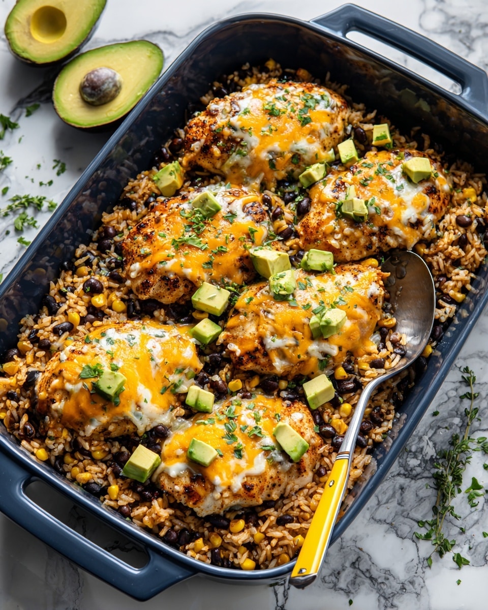 A dark blue rectangular baking dish holds five pieces of cooked chicken placed on a bed of seasoned rice mixed with black beans and corn. Each chicken piece is topped with melted orange and white cheese and sprinkled with chopped green herbs. Small green avocado cubes are scattered over the chicken. A spoon with a yellow handle rests in the rice on the right side of the dish. The background is a white marbled surface with two halves of an avocado placed nearby. The lighting is bright, highlighting the texture and colors of the dish photo taken with an iphone --ar 4:5 --v 7