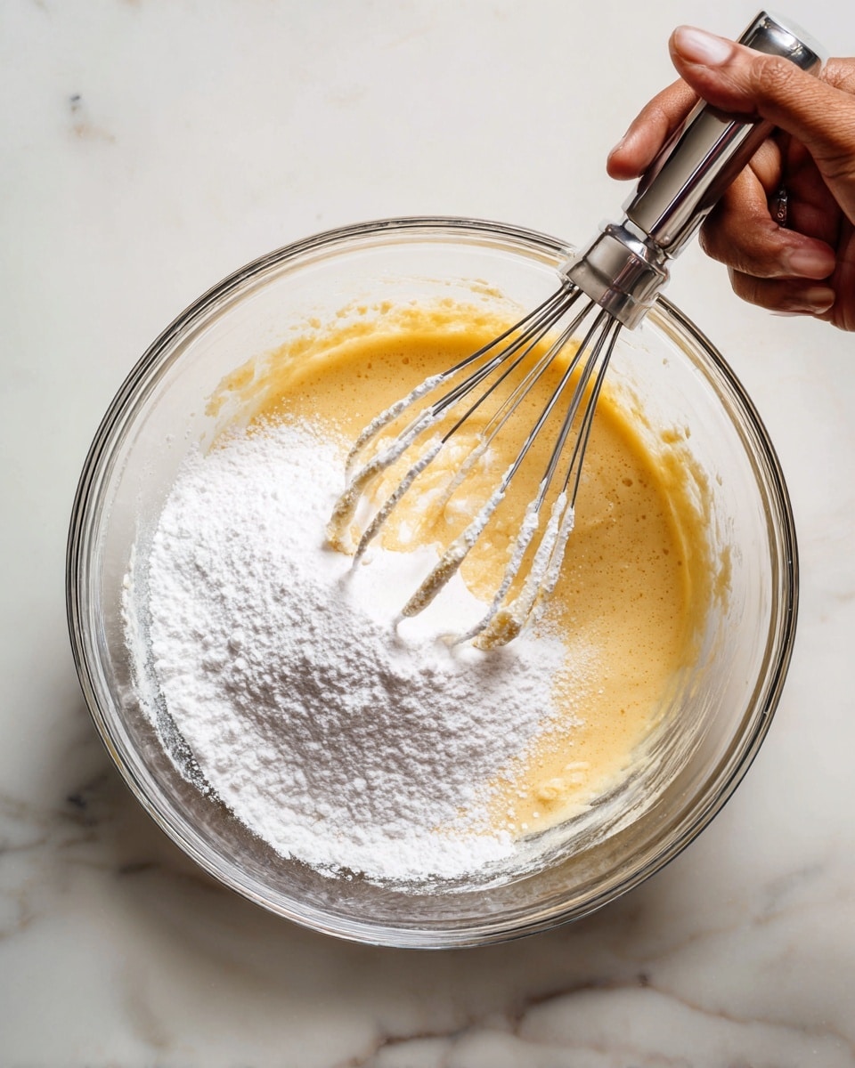A clear glass bowl sits on a white marbled surface, holding a mix of creamy light yellow butter, thick golden brown honey, and a heap of white powdered sugar that is about to be blended together. Two shiny silver beaters from a handheld mixer are partially dipped in the ingredients, coated with the creamy mixture. A woman's hand holds the mixer from the top right corner of the image. The scene is lit softly, showing the smooth texture of the cream and the powder resting on top. Photo taken with an iphone --ar 4:5 --v 7