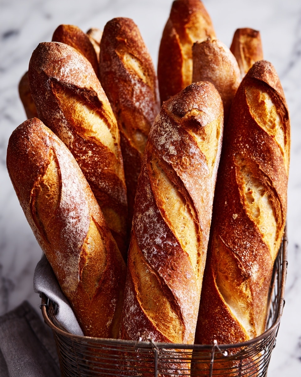 A basket filled with many long, golden-brown baguettes is shown. Each baguette has a crispy crust, with deep slashes on top revealing the soft, lighter inside. The baguettes are stacked closely together, with a dusting of flour on the surface. The basket is made of thin metal wires, and the background shows a white marbled texture. The light highlights the crust's crunchy texture and the warm color variations of the bread photo taken with an iphone --ar 4:5 --v 7
