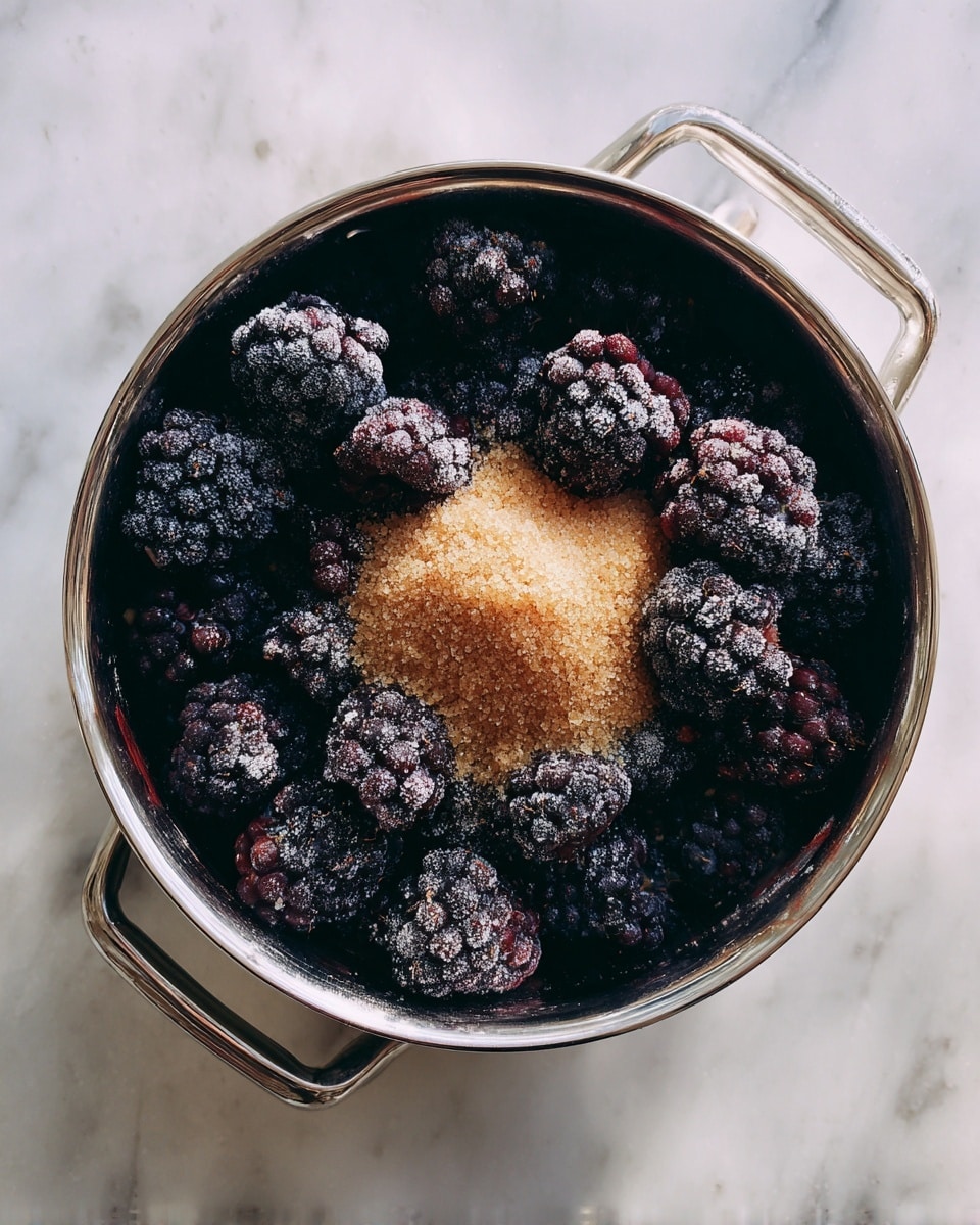 Inside a silver pot, there is one layer of frozen blackberries that are dark purple with frost on them, and on top in the center, there is a pile of fine, light brown granulated sugar. The pot sits on a white marbled surface. photo taken with an iphone --ar 4:5 --v 7