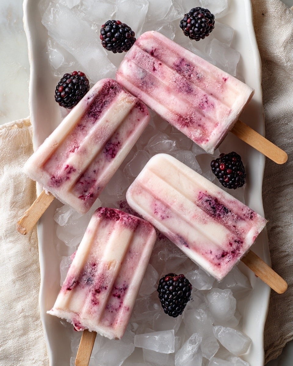 Four light pink and white ice cream popsicles with visible darker pink berry swirls and small berry pieces are placed on clear ice cubes inside a long white tray. The popsicles have a bubble-like texture with rounded, puffed sections. Several whole blackberries are scattered between the popsicles on the ice cubes. The tray rests on a cloth with a soft white marbled texture in the background. Each popsicle has a light wooden stick extending outward. photo taken with an iphone --ar 4:5 --v 7
