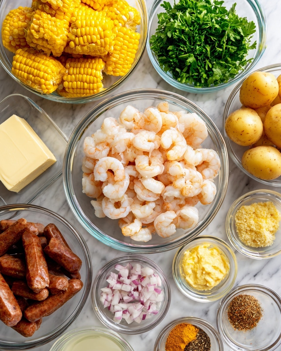 The image shows several clear glass bowls arranged neatly on a white marbled surface, each holding a different ingredient. In the center is a bowl filled with medium-sized pink shrimp with white flesh. To the top left is a bowl with pieces of bright yellow corn on the cob, and to the top right is a bowl containing small round yellow potatoes. Below the corn is a small pile of fresh green parsley leaves, and next to it is a glass dish with a stick of pale yellow butter. At the bottom left is a bowl with brown uncooked sausages. To the right of the shrimp, there is a small bowl with finely chopped white and pink shallots, a tiny bowl with a yellow paste, and two small clear bowls with brown and greenish spice mixes, plus a small measuring cup with a pale liquid. The whole setup is clean and organized. photo taken with an iphone --ar 4:5 --v 7