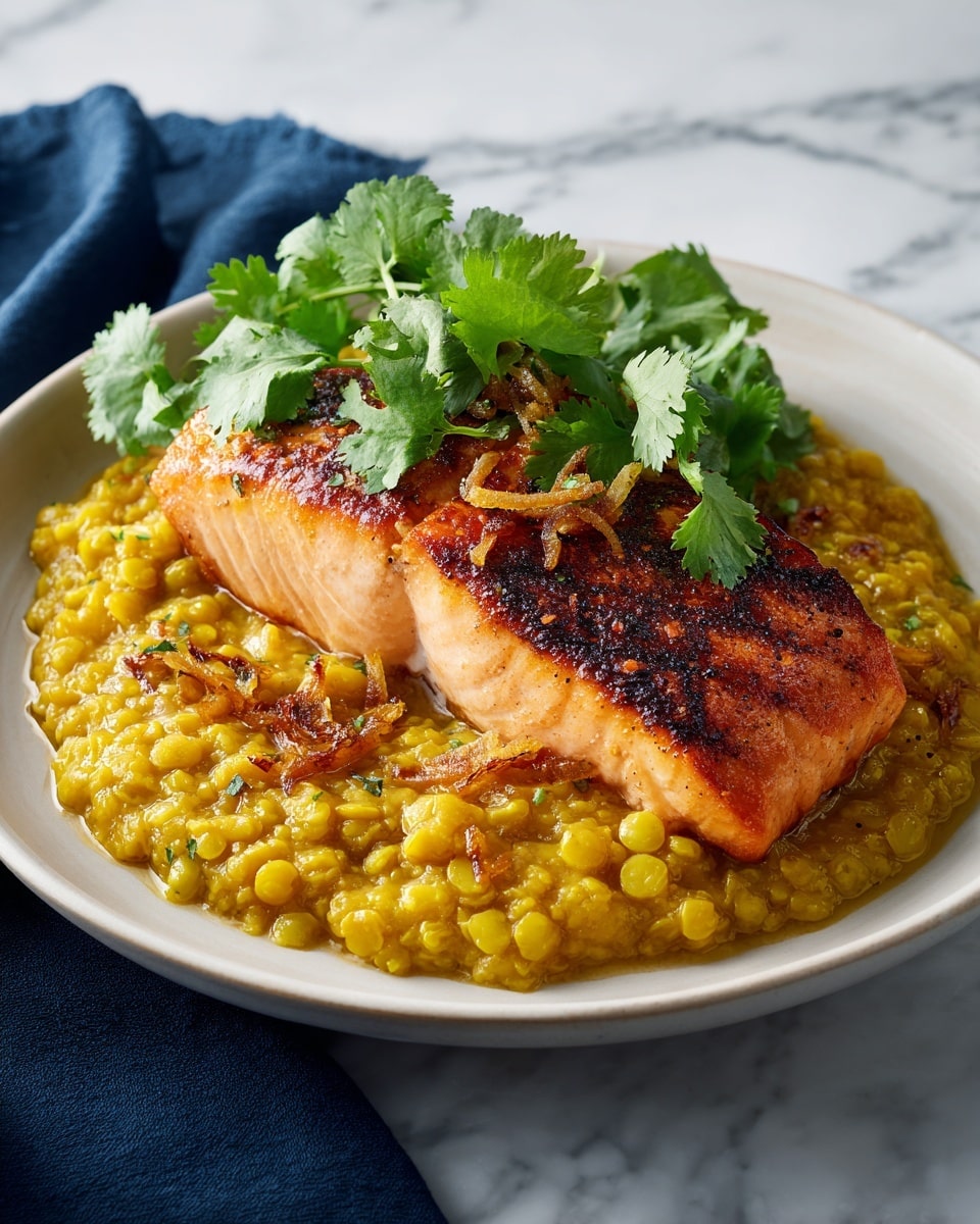 A white plate holds a dish with three layers: at the bottom is a yellow lentil curry with visible small mustard seeds and fried onion slices scattered on top, giving a soft, slightly chunky texture; on top of this sits a piece of golden brown grilled salmon with a slightly crisp surface and clear grill marks; fresh green cilantro leaves rest to the side on the plate, adding a bright touch. The plate sits on a white marbled surface with a dark blue cloth in the background. Photo taken with an iphone --ar 4:5 --v 7