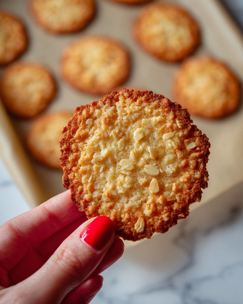 A close-up view of a single thin, round crisp cookie held between the fingers of a woman's hand with bright red nail polish, showing a golden-brown color with a lacy texture and small pieces of nuts or oats embedded throughout. In the background, there are more similar cookies placed in rows on a baking sheet lined with a beige silicone mat. The whole scene sits on a white marbled surface. photo taken with an iphone --ar 4:5 --v 7
