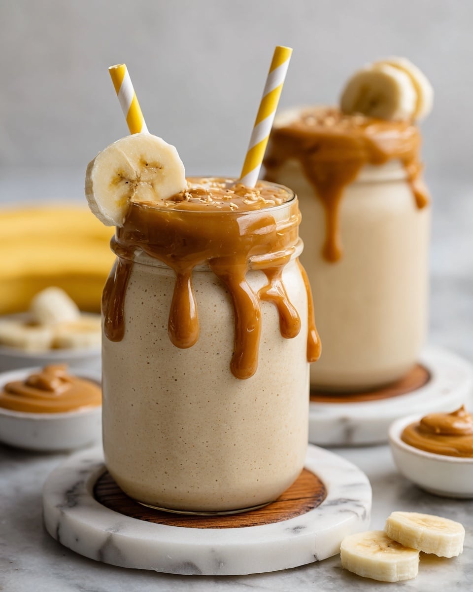 The image shows two layers of a light creamy beige smoothie inside clear glass jars placed on round white marbled coasters with wooden accents. The top layer of the smoothie is smooth, and it is drizzled with thick caramel-colored peanut butter sauce that slightly overflows and drips down the side of the front jar. A thick banana slice with a soft pale yellow color is clipped to the rim of the front jar, and a yellow-and-white striped paper straw is inserted into the smoothie. Around the jars, there are small white bowls holding slices of banana and dollops of peanut butter, all set on a white marbled surface. Photo taken with an iphone --ar 4:5 --v 7