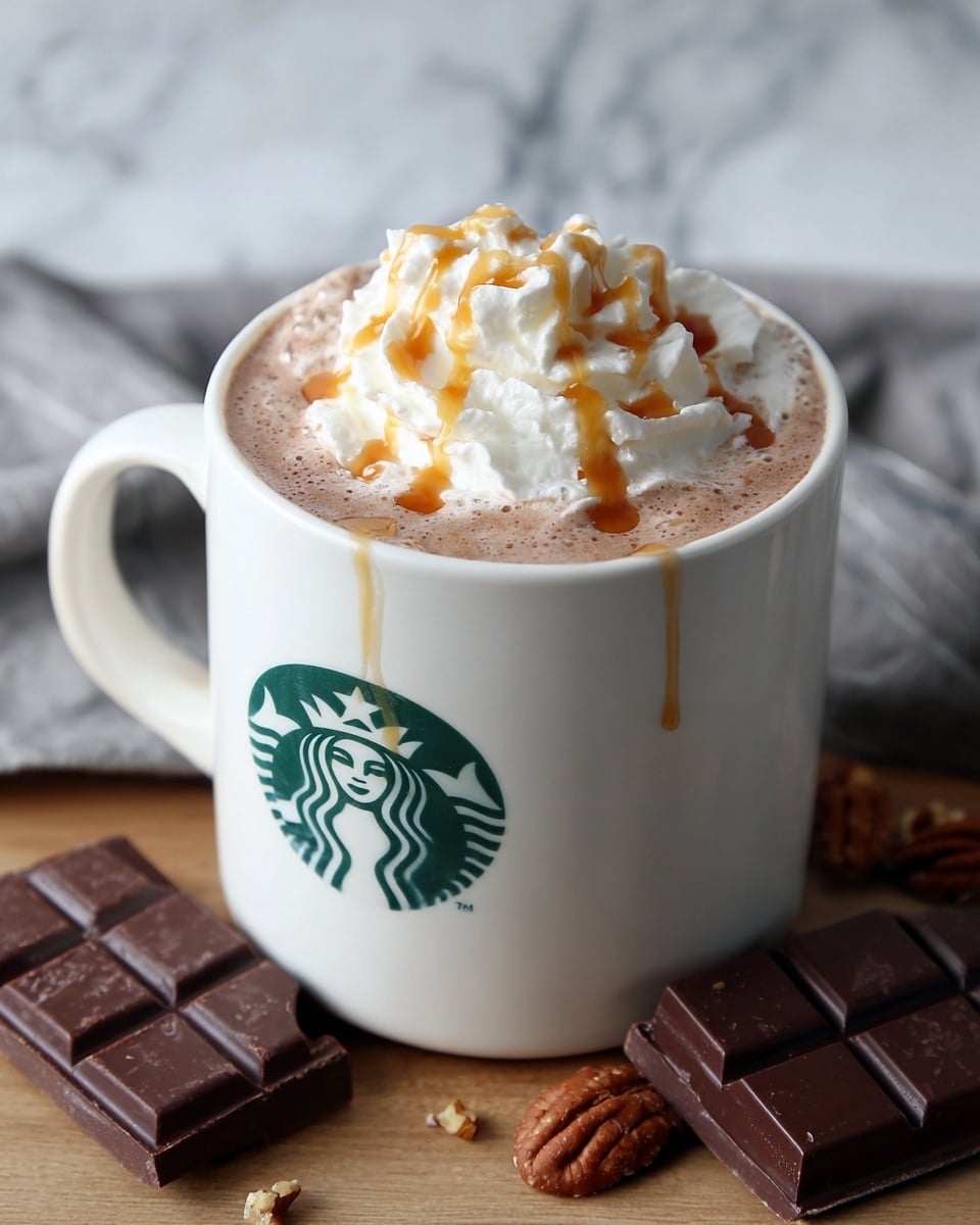 A white Starbucks mug filled with light brown hot chocolate topped with a swirl of white whipped cream. The whipped cream is drizzled with caramel sauce that adds a shiny golden-brown line on top. Inside the drink, a piece of pecan is visible, partially submerged near the edge. The mug is placed on a wooden surface with some pieces of dark chocolate scattered around and a blurry white marbled background. The photo taken with an iphone --ar 4:5 --v 7