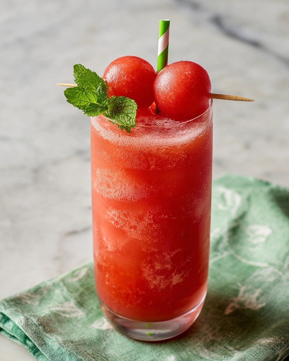 The image shows a tall clear glass filled with a bright red, slushy watermelon drink, topped with ice cubes that give a frosty and slightly bubbly texture. On top of the drink, there are two smooth, red watermelon balls skewered on a light wooden stick, with a fresh green mint leaf placed between them. A green and white striped paper straw stands upright inside the glass. The glass is set on a white marbled surface with a green and white cloth under it. Photo taken with an iphone --ar 4:5 --v 7