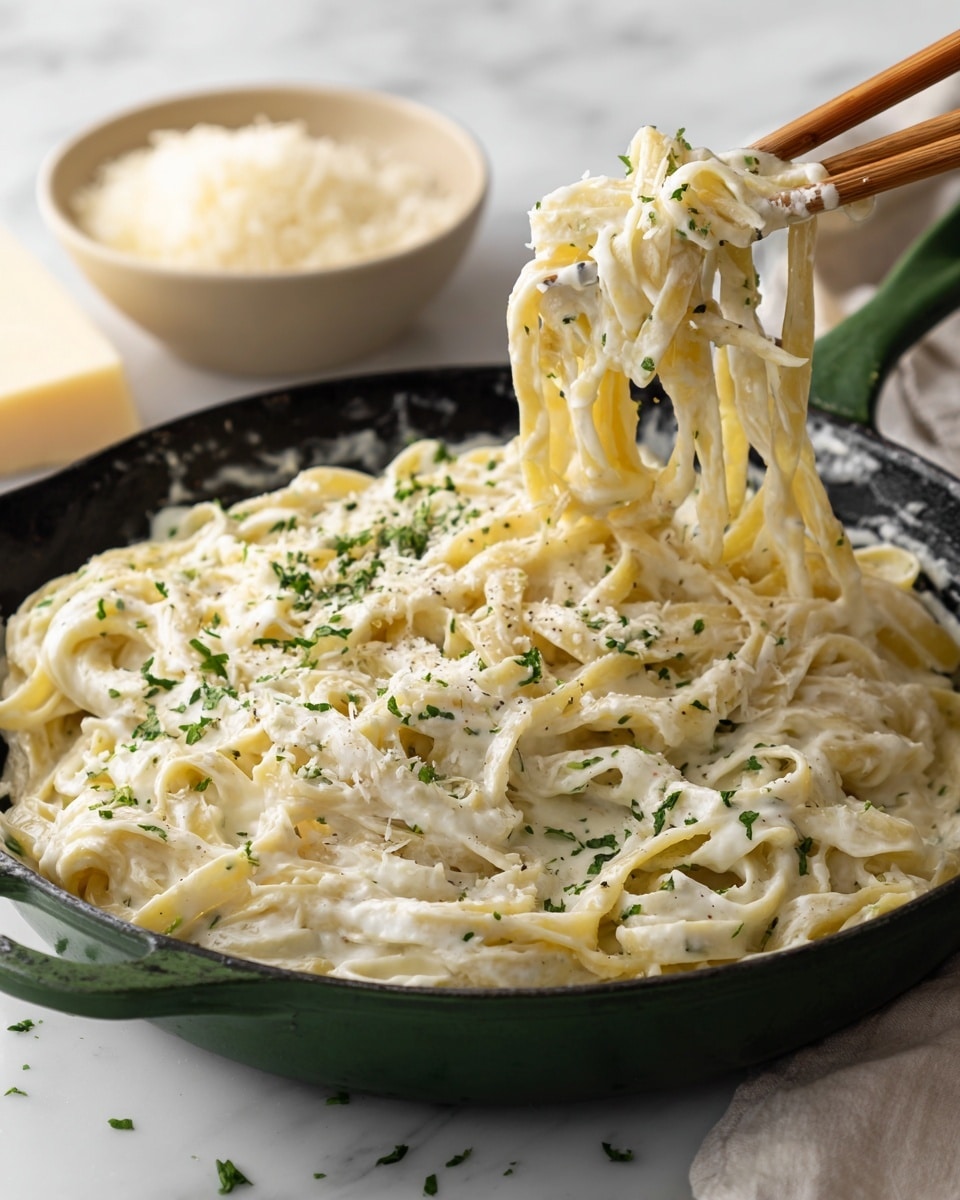 A close-up view of creamy fettuccine pasta in a green cast iron skillet on a white marbled surface. The pasta is covered in thick, smooth white sauce and topped with finely chopped green herbs scattered evenly across the top. The fettuccine strands are wide, soft, and mixed in a slightly tangled pile, showing the rich texture of the sauce clinging to the noodles. A pair of wooden chopsticks is lifting some pasta from the pan, adding a touch of movement to the image. In the background, a beige bowl filled with grated cheese and a partially wrapped block of cheese are partially visible, all set on the white marbled surface. photo taken with an iphone --ar 4:5 --v 7