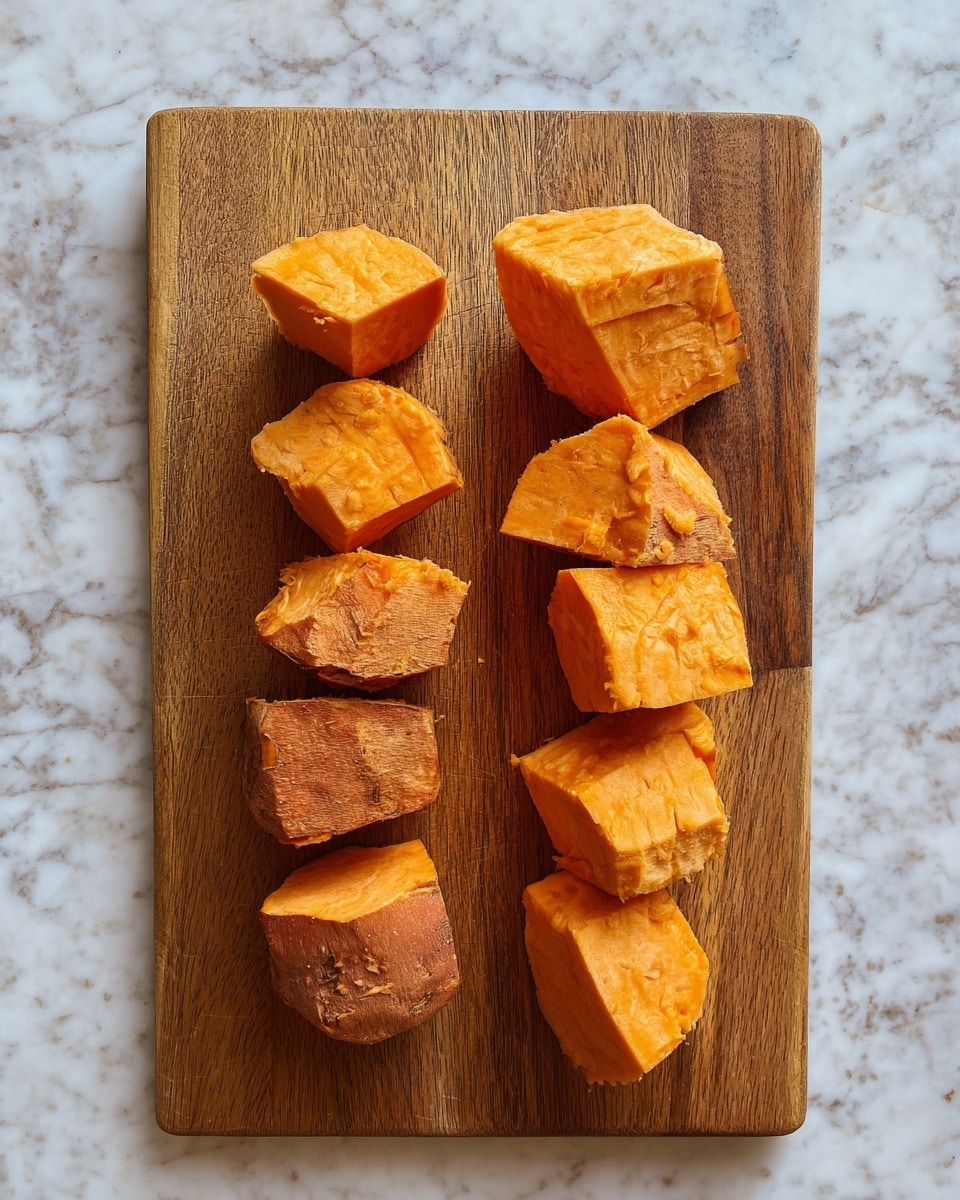 The image shows a wooden cutting board with peeled sweet potato pieces placed on it. There are two vertical columns, each with five pieces of sweet potato. The sweet potato pieces are light orange in color with rough, uneven edges and different sizes. The background is a white marbled surface. Photo taken with an iphone --ar 4:5 --v 7