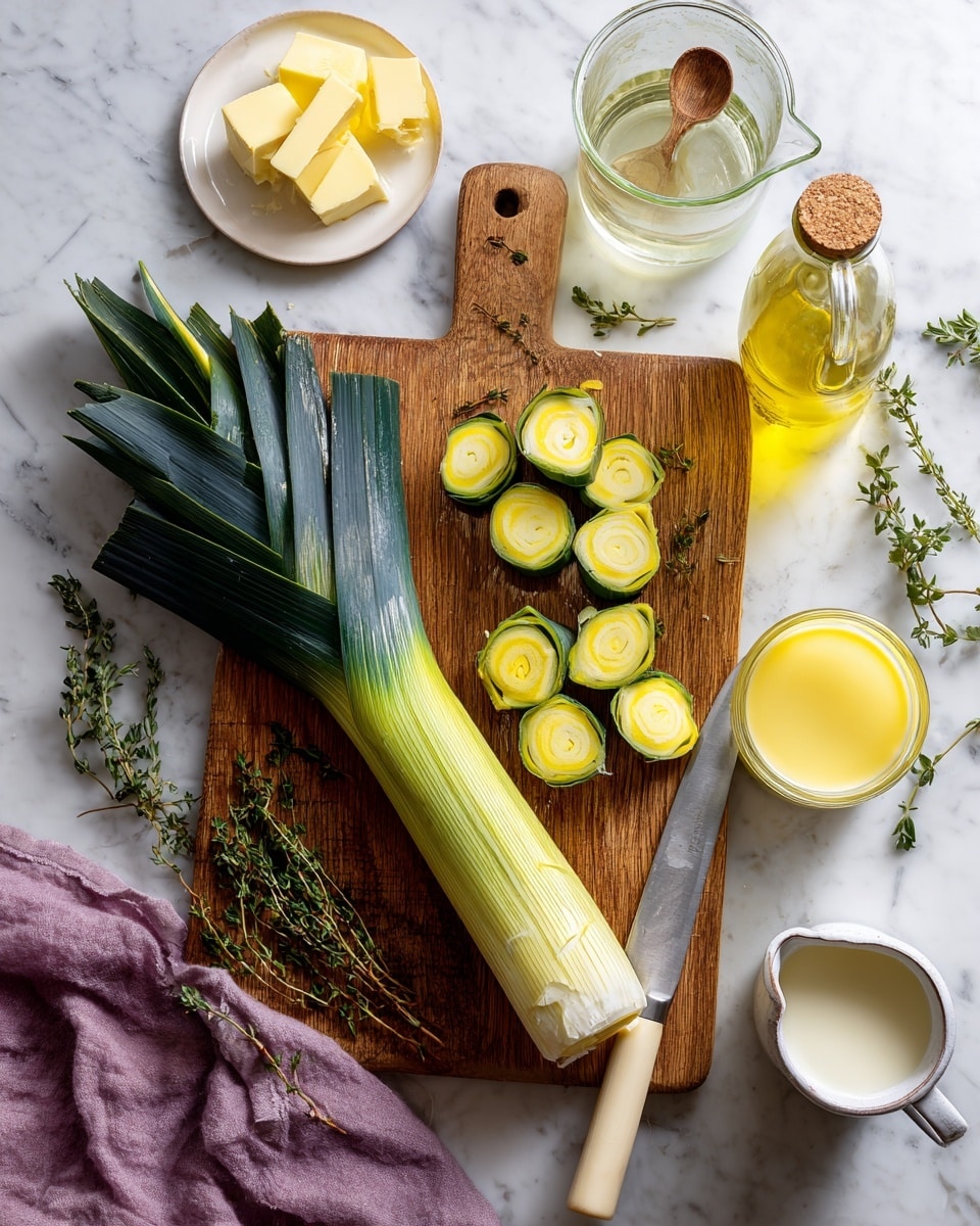 A wooden cutting board at the center holds a long green leek with dark green leaves and light green stalks. The leek is sliced into several round pieces showing yellow and light green rings inside. A shiny knife with a white handle lies diagonally on the board next to the sliced pieces. To the left of the board, small green sprigs of thyme are scattered with their textured leaves. Above the board, a small white plate has two yellow butter slices. To the right of the board, a clear glass bottle with yellow liquid and a cork beside it sits on a white marbled surface. A transparent measuring cup with clear water and a small glass jar filled with smooth yellow sauce with a wooden spoon inside are below and to the right of the bottle. In the bottom right corner, a white milk jug with cream inside is visible, resting on the white marbled surface with a purple cloth nearby. photo taken with an iphone --ar 4:5 --v 7