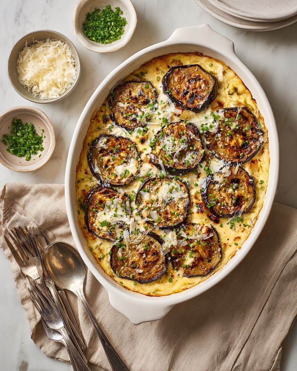 The image shows a white oval baking dish filled with a creamy yellow base layer topped with two rows of round, browned roasted eggplant slices. These slices have a caramelized texture with visible grill marks and are sprinkled with small, chopped green herbs and finely grated white cheese. Around the dish, there are small bowls of grated cheese and chopped herbs, a large silver spoon, and three forks placed on a beige linen cloth with a white marbled table surface underneath. photo taken with an iphone --ar 4:5 --v 7