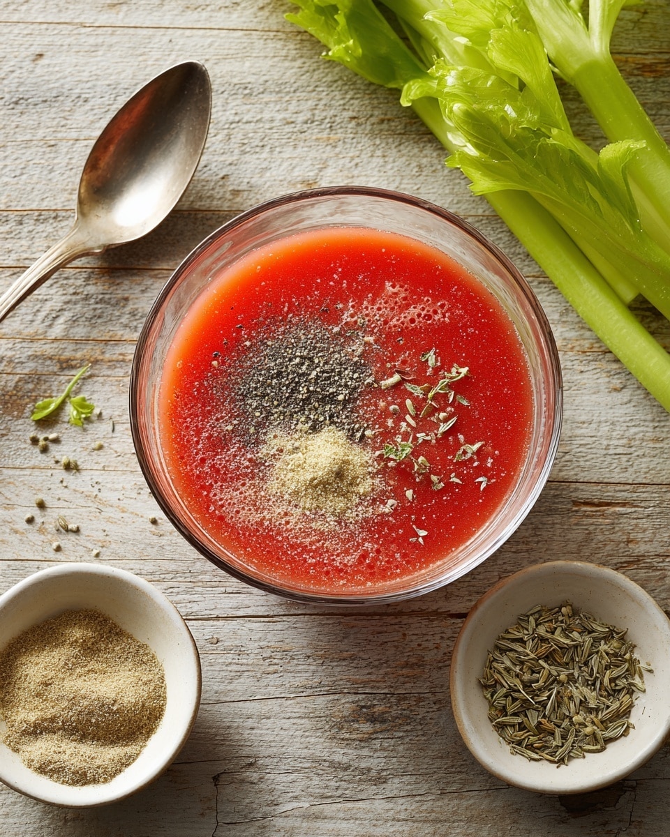 A clear glass bowl sits on a wooden textured surface, filled with bright red tomato juice topped with several spices: finely ground black pepper on the left, light tan powder in the middle, and a greyish herb on the right, all scattered gently on the juice's surface. To the left of the bowl is a silver spoon resting on the table, and to the lower part of the image are two small white bowls containing similar ground spices. In the top right corner, fresh, crisp green celery stalks add a fresh touch to the composition. The overall scene is bright and natural, with a clean, calm look. photo taken with an iphone --ar 4:5 --v 7