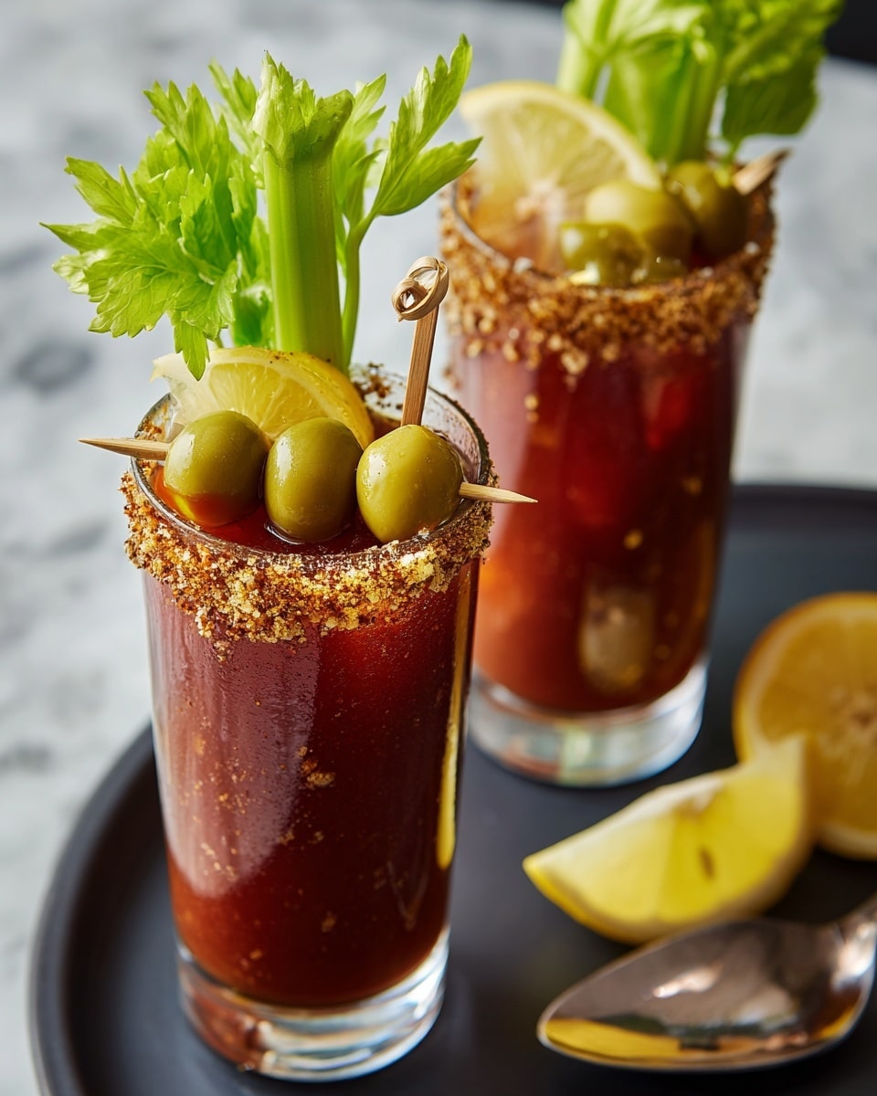 Two tall clear glasses hold a dark red drink with visible pulp or spice bits inside. Each glass has a rim coated with a coarse spice mix in brown and white tones. On the rim of each glass rests a wooden skewer holding three green olives and a green pickle. Behind the skewer, a slice of yellow lemon is placed, partially inside the glass. Two stalks of fresh bright green celery with leaves are standing upright in each glass. The drinks are set on a dark surface with a silver spoon and lemon slices visible nearby, all against a white marbled texture background. Photo taken with an iphone --ar 4:5 --v 7