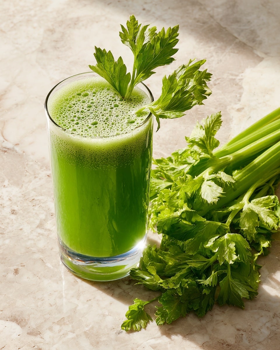 A tall clear glass filled with bright green juice, with froth on top and a fresh celery stalk with green leaves standing inside the glass. Next to the glass lies a bunch of fresh celery stalks with leafy green tops, all placed on a white marbled textured surface. The lighting is bright and natural, making the green colors fresh and vivid. photo taken with an iphone --ar 4:5 --v 7