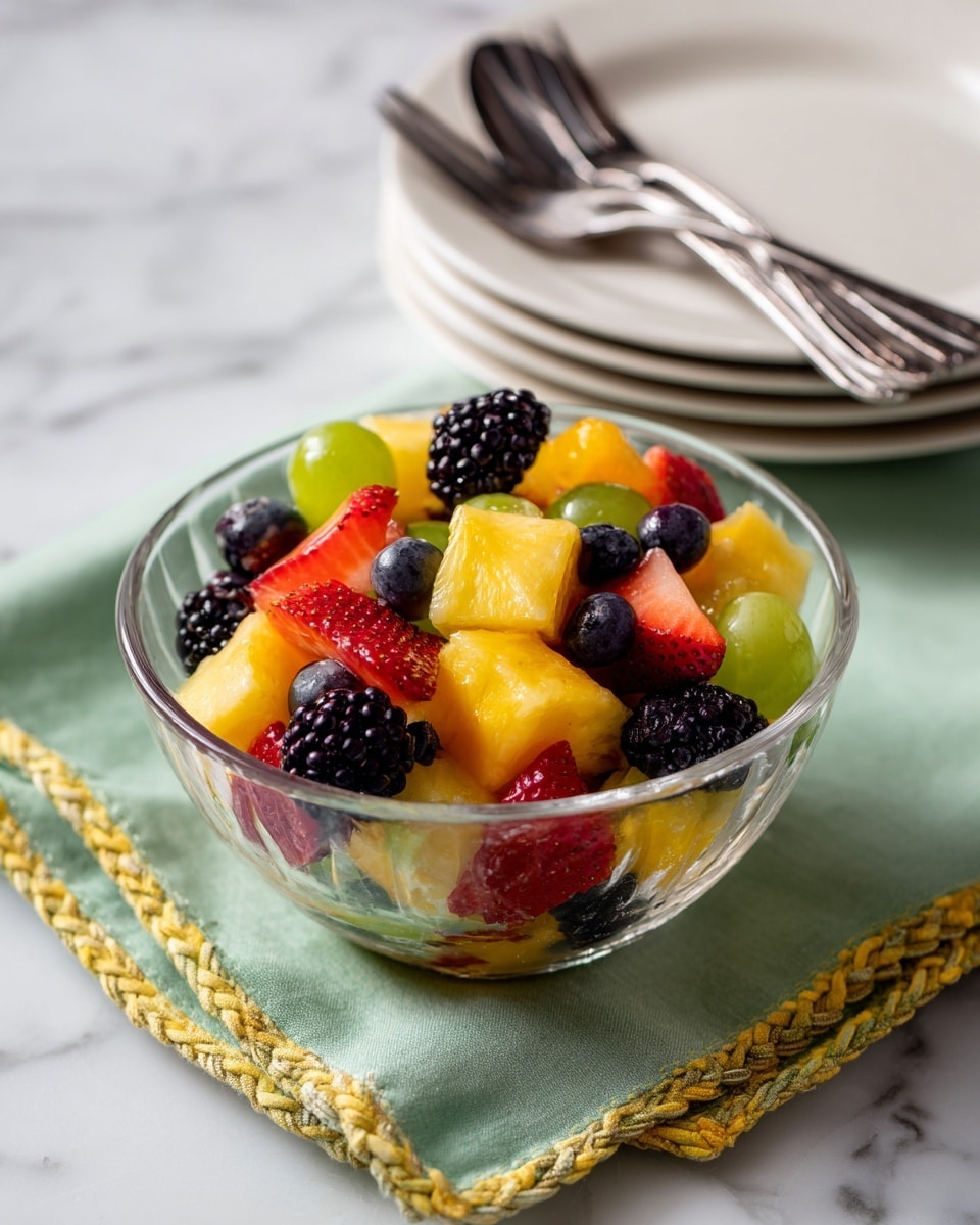 A clear glass bowl filled with mixed fruit pieces sits on a green and yellow edged cloth over a white marbled surface. The fruit includes medium yellow chunks of pineapple and mango, bright red strawberry halves with visible seeds, dark blackberries with a bumpy texture, small round green grapes, and round dark blue blueberries scattered throughout. Next to the bowl are four stacked white plates with two silver forks resting on top. The overall look is fresh and colorful with a mix of smooth, soft, and bumpy textures photo taken with an iphone --ar 4:5 --v 7