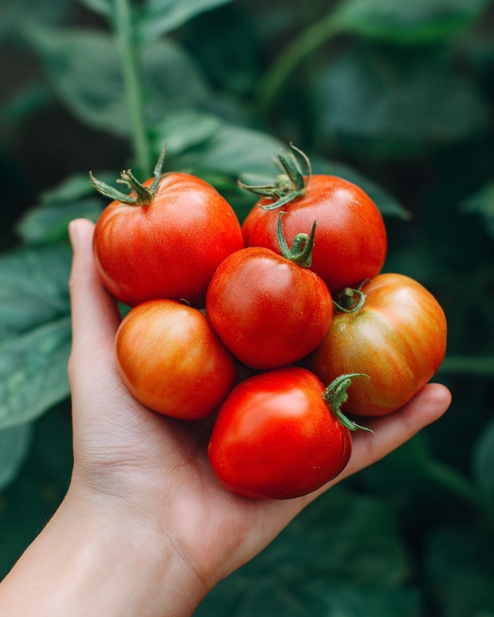 A woman's hand holds seven fresh tomatoes of different sizes close together. The tomatoes vary in color from bright red to lighter orange and have smooth, shiny skin with small green stems attached on top of some. The background is blurred green leaves and plants, giving a natural outdoor feel. The woman's hand is centered in the image with fingers slightly curved around the tomatoes, holding them gently. photo taken with an iphone --ar 4:5 --v 7