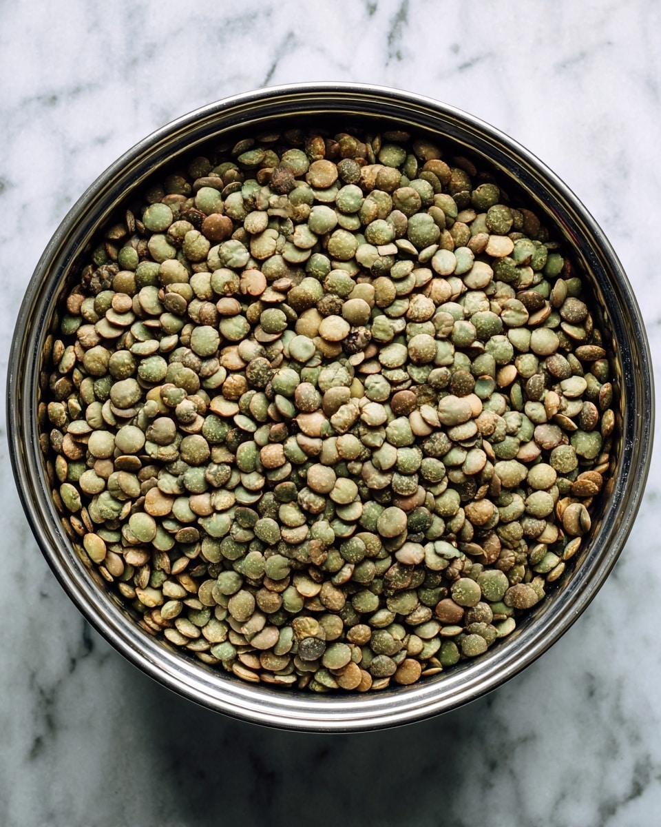 The image shows a large metal pot filled with green lentils. The lentils cover the entire surface inside the pot, showing a mix of light green and brown tones with a slightly rough texture. The pot has a silver rim with a smooth and shiny finish. The background is a white marbled surface. Photo taken with an iphone --ar 4:5 --v 7