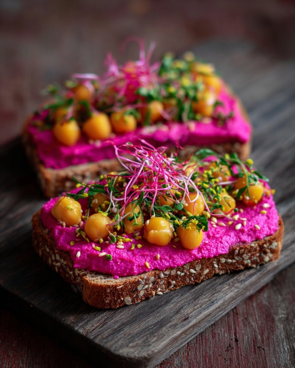 Two pieces of seeded whole grain bread, each topped with a thick layer of bright pink hummus spread evenly. On top of the pink hummus, there are small orange chickpeas, green chopped herbs, some sesame seeds, and tiny yellow sprouts. A small pile of bright pink thin sprouts is placed in the center of each slice, adding height and color contrast. The bread and toppings rest on a dark wooden surface. photo taken with an iphone --ar 4:5 --v 7