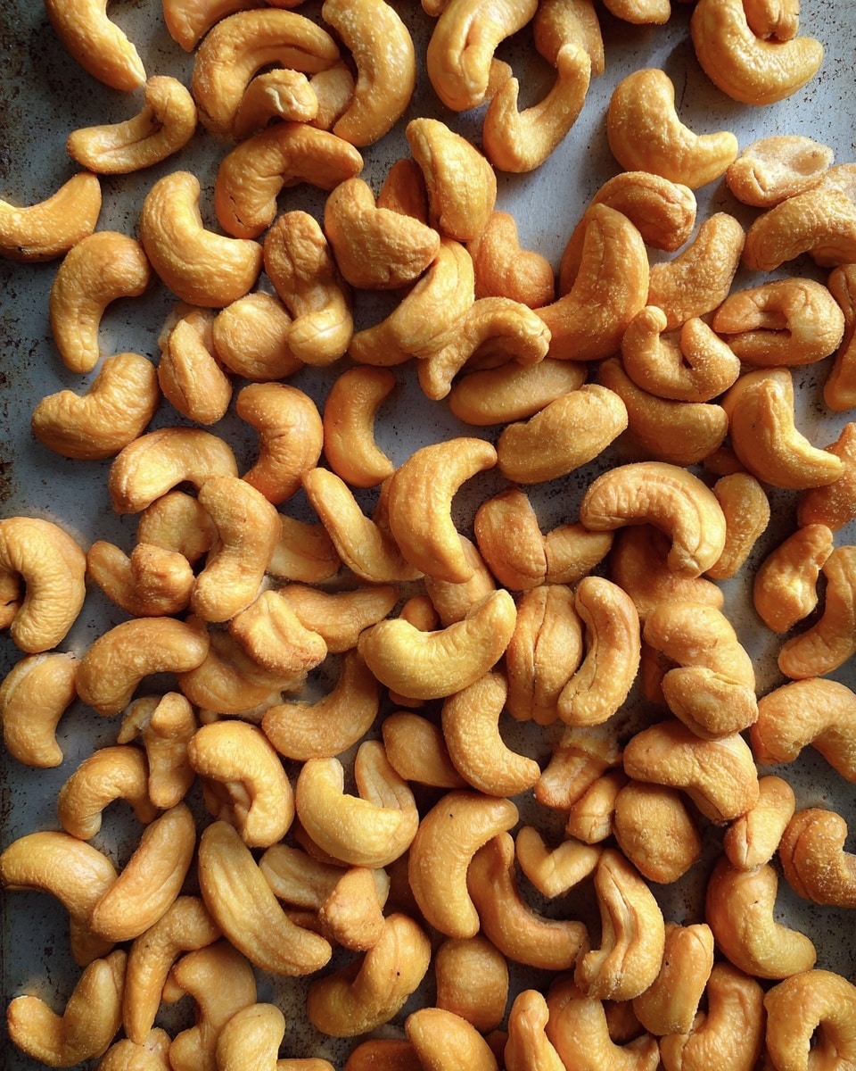 The image shows a close-up of many light brown cashew nuts spread out evenly on a dark metal baking tray. The cashews have a smooth, curved shape with some texture visible on their surface. The tray sits on a white marbled surface, and the lighting is soft, highlighting the natural color and details of the nuts. Photo taken with an iphone --ar 4:5 --v 7