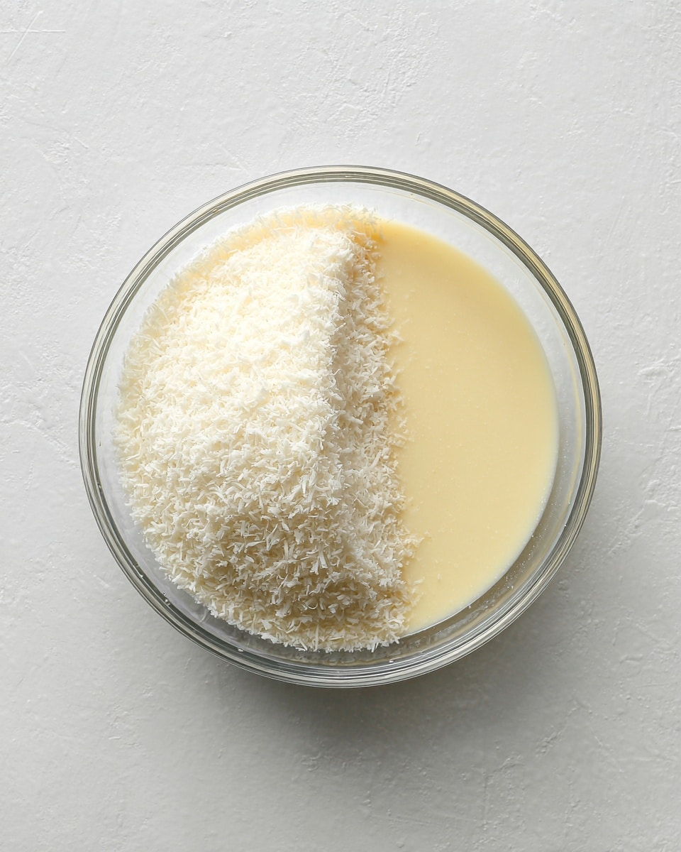 A clear glass bowl sits on a white marbled surface. Inside the bowl, there are two layers: the left side is filled with a fluffy white shredded coconut layer that has a soft, grainy texture, while the right side contains a smooth, pale yellow condensed milk layer. The two layers meet diagonally in the middle but do not mix. The bowl's round shape and the even division of textures create a simple but distinct contrast. photo taken with an iphone --ar 4:5 --v 7