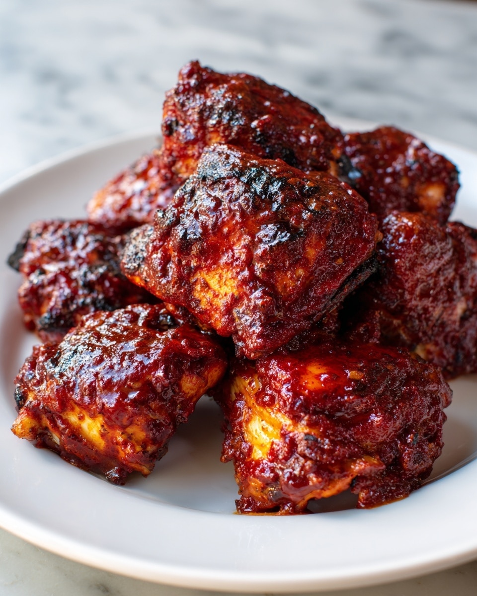A close-up image shows several pieces of cooked chicken, stacked casually on a white plate. Each piece is covered with a thick, dark reddish-brown sauce that looks shiny and sticky, with a slightly charred, textured surface. The chicken pieces vary in size, with some showing hints of golden-yellow under the sauce. The background is a white marbled texture, enhancing the focus on the rich, glossy chicken. photo taken with an iphone --ar 4:5 --v 7