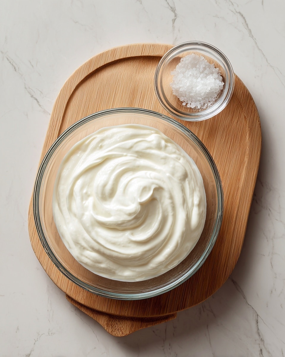 A clear glass bowl filled with a single creamy white layer of thick yogurt or cream with smooth swirled texture on top, placed on a light wooden board with a smaller clear glass bowl containing white salt next to it on the top right corner, all set on a white marbled surface photo taken with an iphone --ar 4:5 --v 7