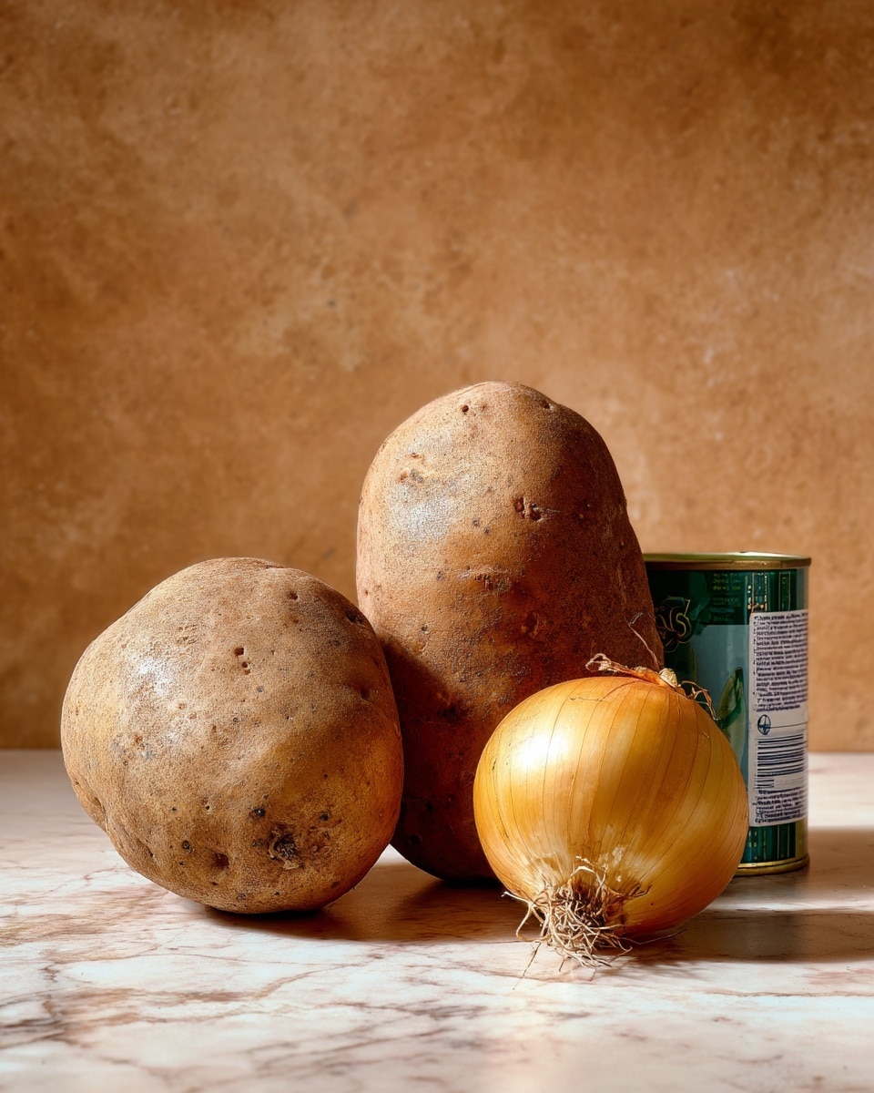The image shows two large brown potatoes with rough skin placed on a smooth, white marbled surface. To the right of the potatoes, there is a single yellow onion with a dry outer layer still attached. A green and white labeled can lies between the potatoes and onion. The background has a solid, warm brown color. Photo taken with an iphone --ar 4:5 --v 7