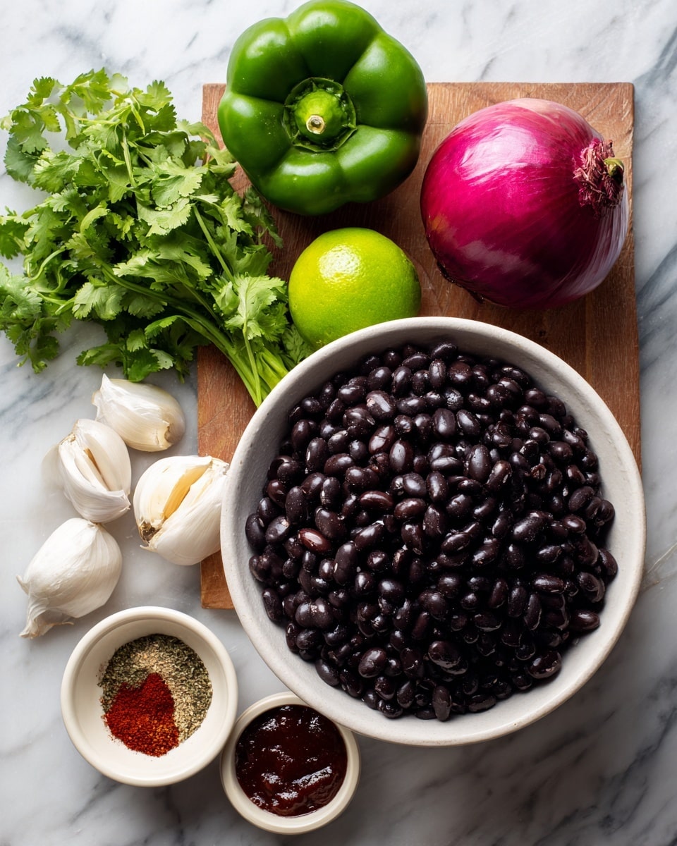A white bowl on a white marbled surface filled with glossy black beans fills the right side of the image. To the left on a brown cutting board, there is a green bell pepper and a red bell pepper next to a lime and several garlic cloves. A red onion with purple-pink skin sits near a bunch of fresh green cilantro leaves. Two small bowls on the lower left corner hold various dry spices and a dark red chili paste. The whole scene is bright and clean, highlighting the fresh and rich colors of the ingredients photo taken with an iphone --ar 4:5 --v 7