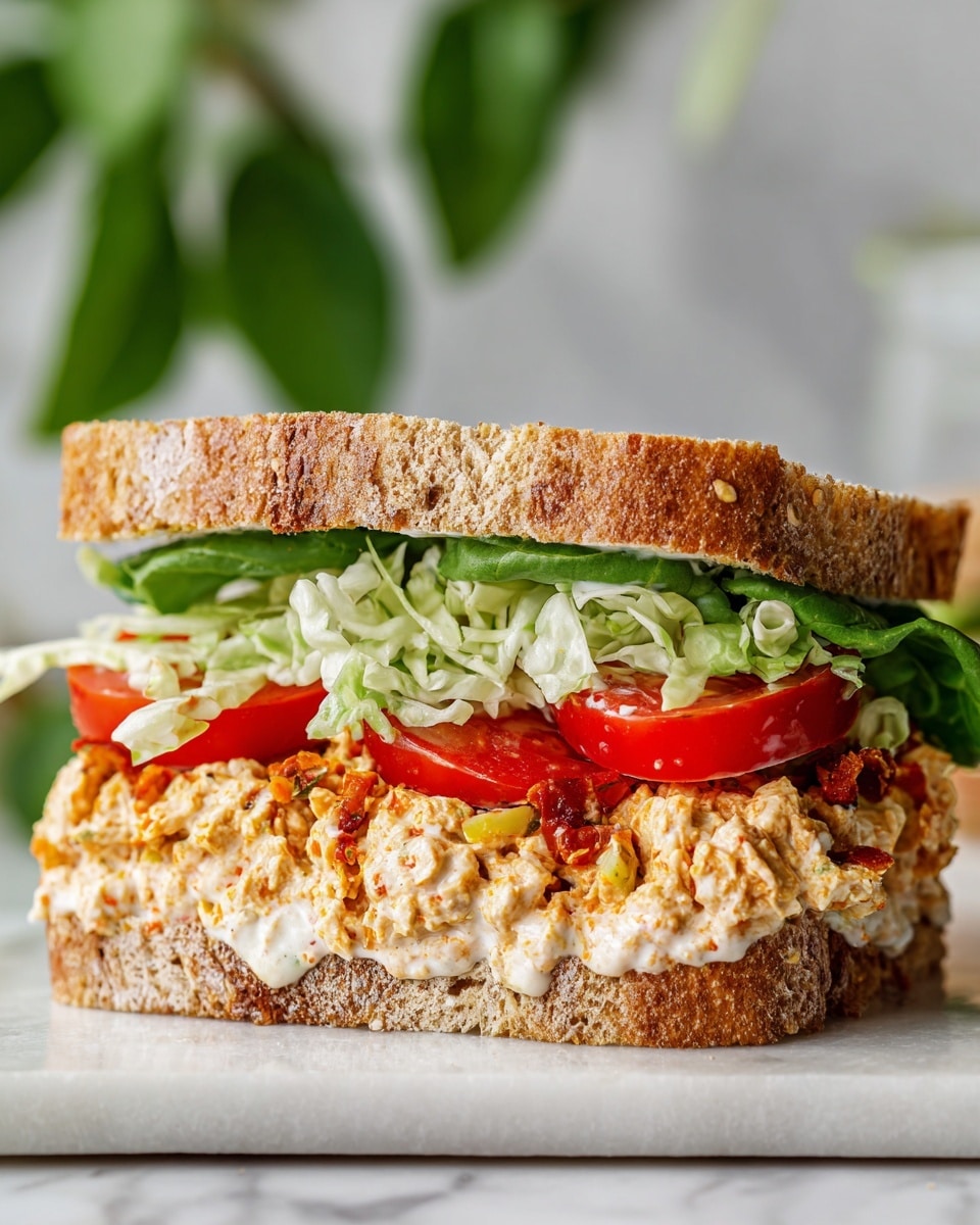 A close-up side view of a sandwich with three visible layers on white brown bread. The bottom layer is a chunky, light brown spread with small pieces of red and yellow mixed in. The middle layer shows thinly sliced red tomatoes. The top layer consists of light green shredded lettuce mixed with a creamy dressing. The sandwich sits on a white marbled surface with blurred green leaves in the background. Photo taken with an iphone --ar 4:5 --v 7