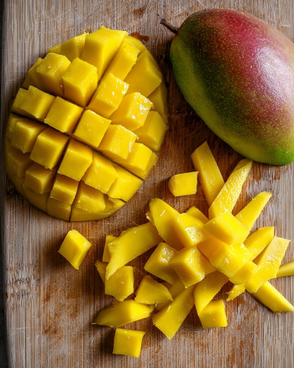 A mango is shown on a wooden board with two parts: the left part is cut into small, square cubes with a bright yellow color and smooth texture, arranged in a fan shape still attached to the fruit's skin; the right part is also sliced but in thin, long strips with small cubed pieces scattered nearby, all with a shiny, juicy look. The wooden board has natural grain and light brown tones, with some marks from previous use. photo taken with an iphone --ar 4:5 --v 7