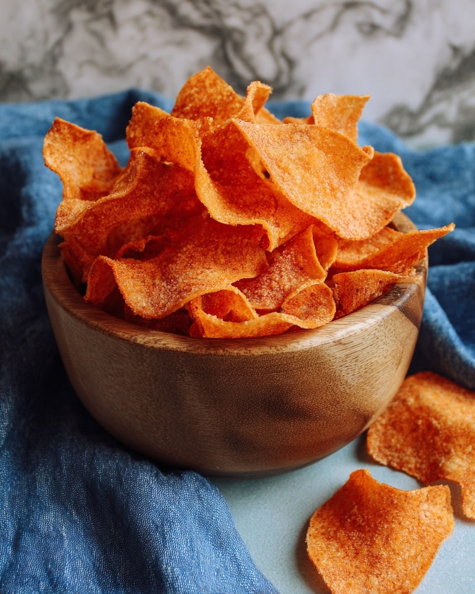 A wooden bowl filled with many bright orange thin chip slices, showing a wavy and crispy texture, overlapping each other in layers inside the bowl. The bowl sits on a blue fabric with some chip slices lying next to it. The background has a white marbled texture. Photo taken with an iphone --ar 4:5 --v 7