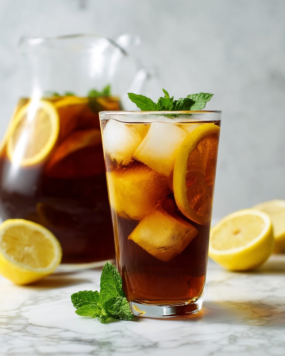 A clear glass filled with dark amber iced tea, with several large ice cubes floating near the top. Inside the glass are three thin lemon slices pressed against the glass, showing their bright yellow color. A fresh green mint leaf is placed on top of the ice as a garnish. Behind the glass is a clear pitcher filled with the same dark iced tea, visible lemon slices, ice cubes, and green mint leaves. The scene is set on a white marbled surface with a soft, bright background. photo taken with an iphone --ar 4:5 --v 7