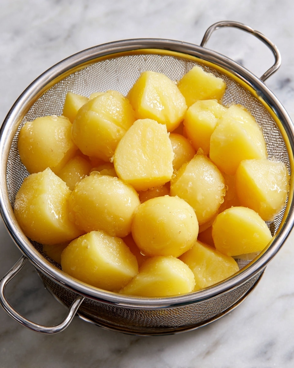 The image shows a silver metal strainer filled with soft, peeled yellow potatoes that are cut into medium chunks. The strainer is placed on a silver surface, but with your instructions, imagine the background as a white marbled texture. The potatoes look smooth and moist, resting inside the mesh of the strainer with some water droplets seen on them. photo taken with an iphone --ar 4:5 --v 7