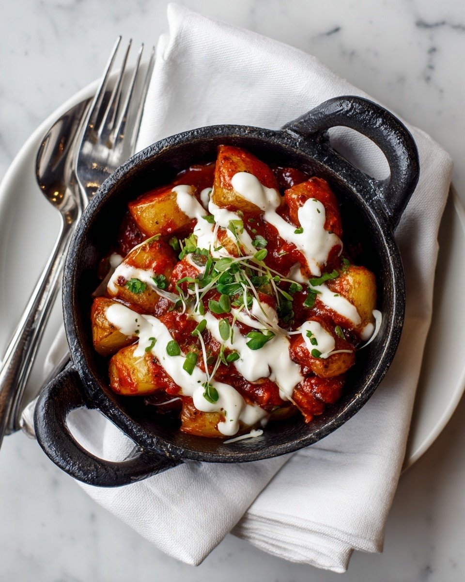 A small black cast iron pot holds golden brown fried potato pieces covered with a thick red sauce and drizzled with white creamy sauce on top. Small green herb bits are sprinkled over the dish, adding a fresh touch. The pot sits on a white cloth on a white marbled surface. photo taken with an iphone --ar 4:5 --v 7