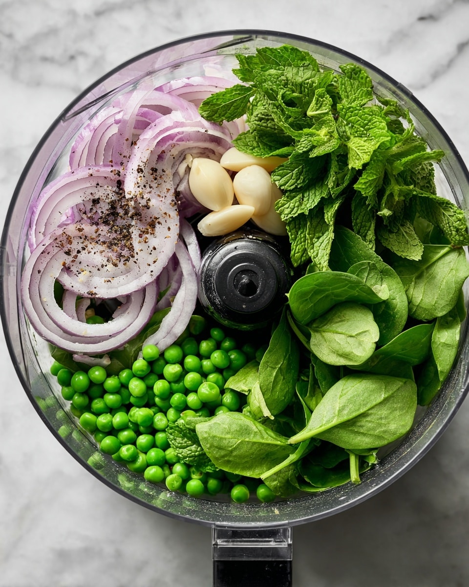 A top view of a clear food processor bowl filled with fresh ingredients before blending: one side contains thinly sliced light purple shallots with black pepper sprinkled on top, next to pale garlic cloves, and small bright green peas. On the other side, there are several large fresh dark green spinach leaves and bright green mint leaves. The bowl sits on a white marbled surface, and the plastic part of the food processor is black. photo taken with an iphone --ar 4:5 --v 7
