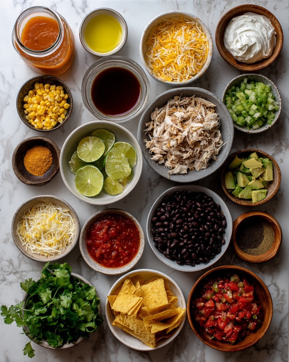 The image shows many small white bowls and wooden bowls placed on a white marbled surface, each holding different colorful ingredients. From the top left, there is a glass jar with orange-brown liquid next to a small white bowl with bright yellow oil, and a bowl with dark red sauce. Next to them, a dark bowl with bright green lime wedges sits near a bowl of chopped white onions, a bowl of yellow corn kernels, and a bowl with grated orange cheese. In the middle, a white bowl holds shredded light tan chicken. To the right, a large grey bowl is full of shiny black beans, placed next to a bunch of fresh green cilantro and a white bowl with smooth yellow salsa. Below, a wooden bowl of light yellow tortilla strips sits near a white bowl of chunky red diced tomatoes with spices, a small white bowl with white sour cream, and bowls holding reddish-brown and tan spices. A wooden bowl with green chunks of avocado and a small bowl with light beige spices finish the layout. photo taken with an iphone --ar 4:5 --v 7