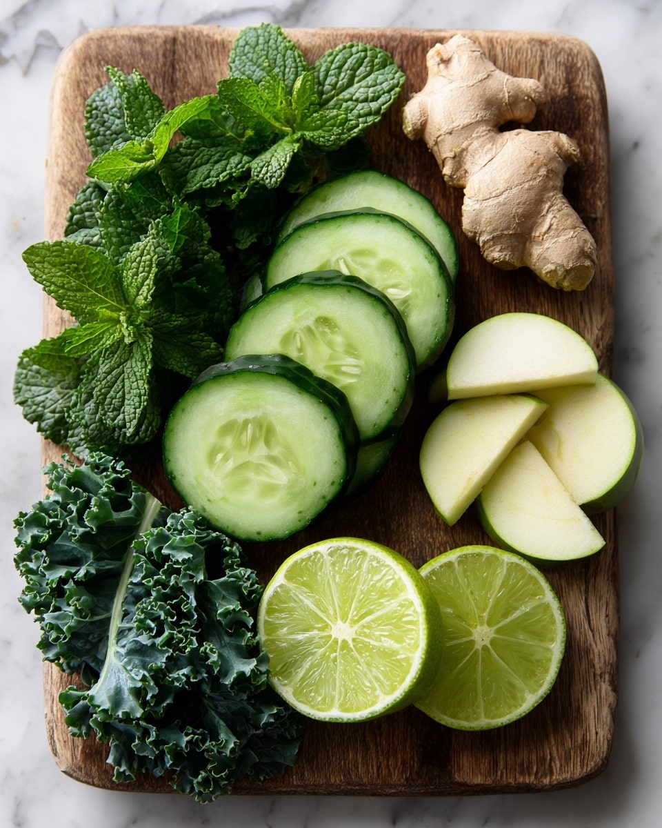 A wooden board on a white marbled texture holds fresh green ingredients neatly arranged: in the center, a stack of thick cucumber slices with six rounds and one slice on top; to the right, three pieces of light yellow ginger and four bright green apple quarters with smooth skin and pale inside; below the apple, two slightly curved lime wedges showing juicy pulp; on the left, fresh green mint leaves with visible veins and next to them, dark green kale leaves with a curly texture scattered loosely. Photo taken with an iphone --ar 4:5 --v 7
