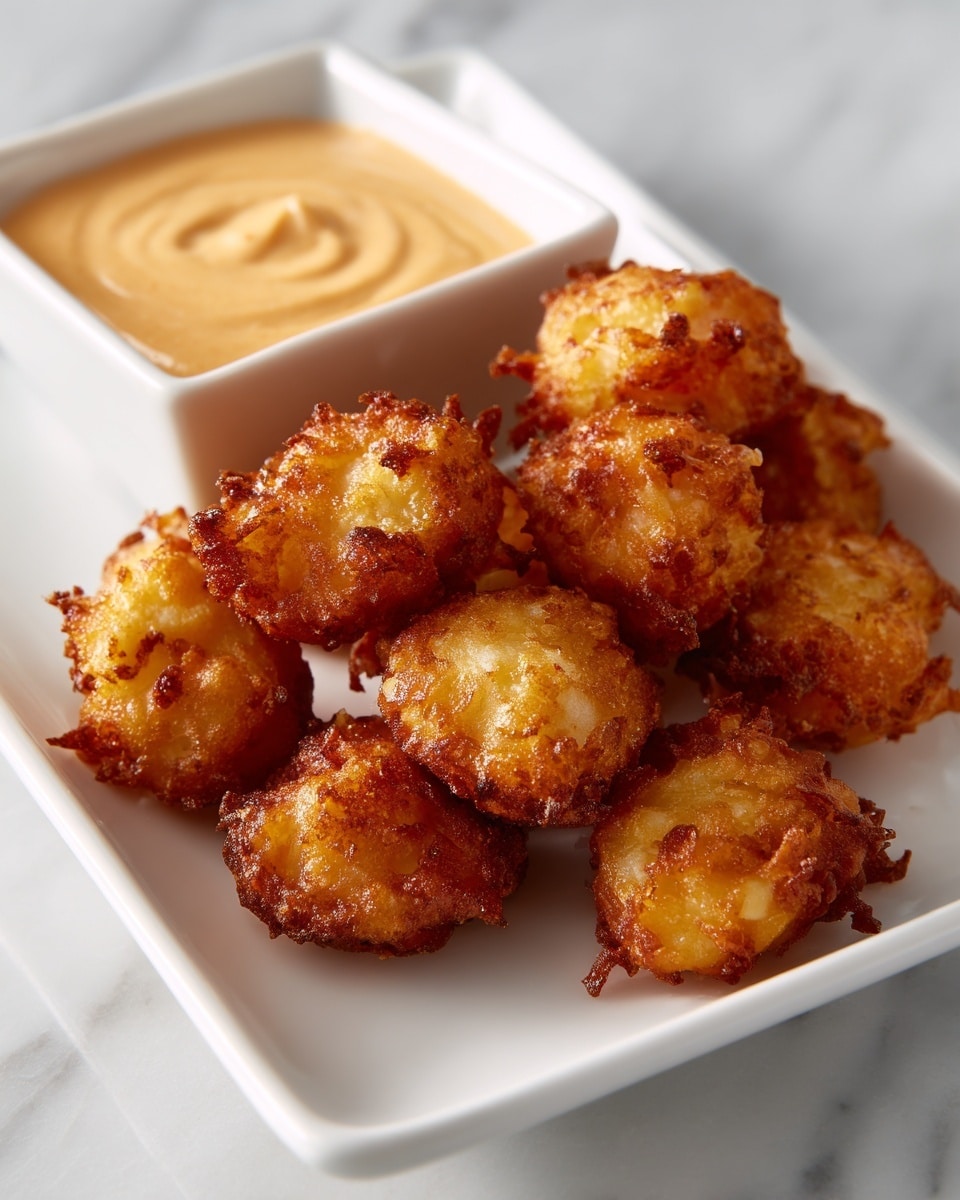 A white rectangular plate holds a pile of small golden-brown fritters, each with a slightly rough and crispy texture showing little darker spots on their surface. Behind the fritters, there is a white square bowl filled with a smooth, light orange creamy sauce. The plate is placed on a white marbled surface, creating a clean and bright background. The lighting highlights the crunchy details of the fritters and the creamy texture of the sauce. photo taken with an iphone --ar 4:5 --v 7