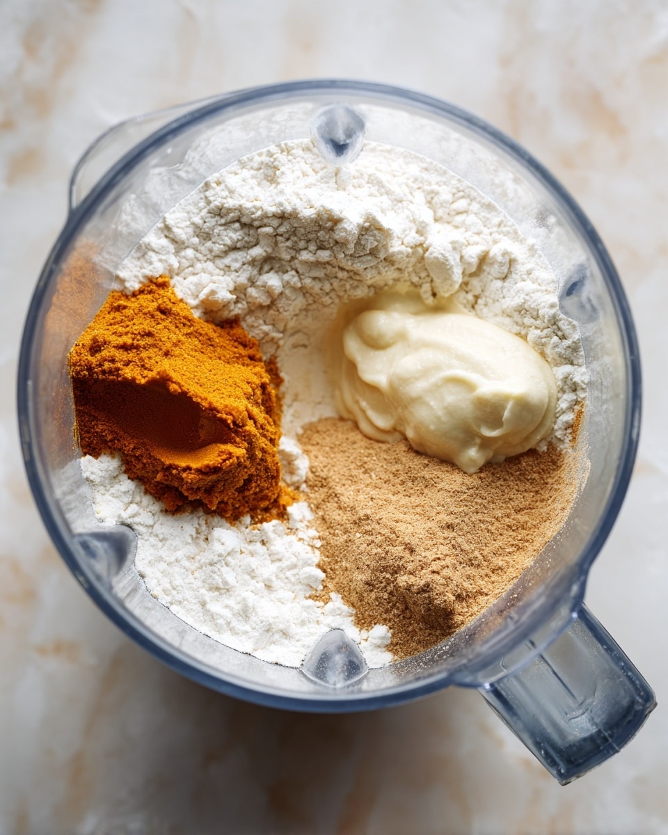 A clear blender jar sits on a white marbled surface, containing four distinct ingredients. The largest layer is white flour, filling most of the bottom. On top of the flour, there is a small dollop of smooth, pale cream near one side, an orange pumpkin-colored paste slightly above the center, and a pile of light to medium brown powder with a fine texture positioned near the bottom right. The blender jar’s handle is visible to the right, and the background is softly textured white marble. photo taken with an iphone --ar 4:5 --v 7