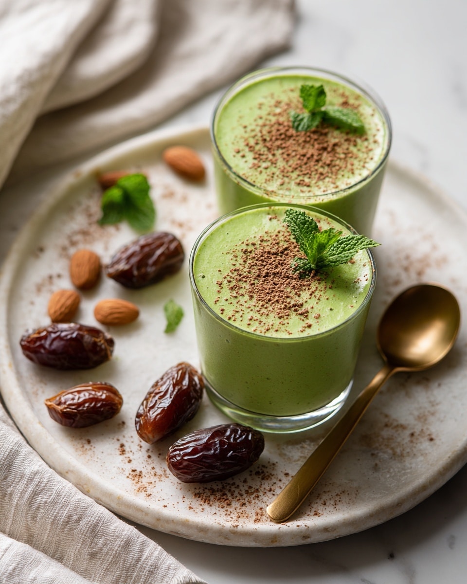 Two round glasses filled with bright green smoothie sit side by side on a large white plate with a marbled texture. Each glass has a light sprinkling of brown powder on top, with a small green mint leaf as garnish. Around the glasses on the plate are scattered whole almonds and dark brown dates, along with some of the brown powder dusted lightly over the plate. To the right of the glasses lies a shiny golden spoon. A soft white and light beige striped cloth is loosely placed in the top corner of the image. The photo taken with an iphone --ar 4:5 --v 7