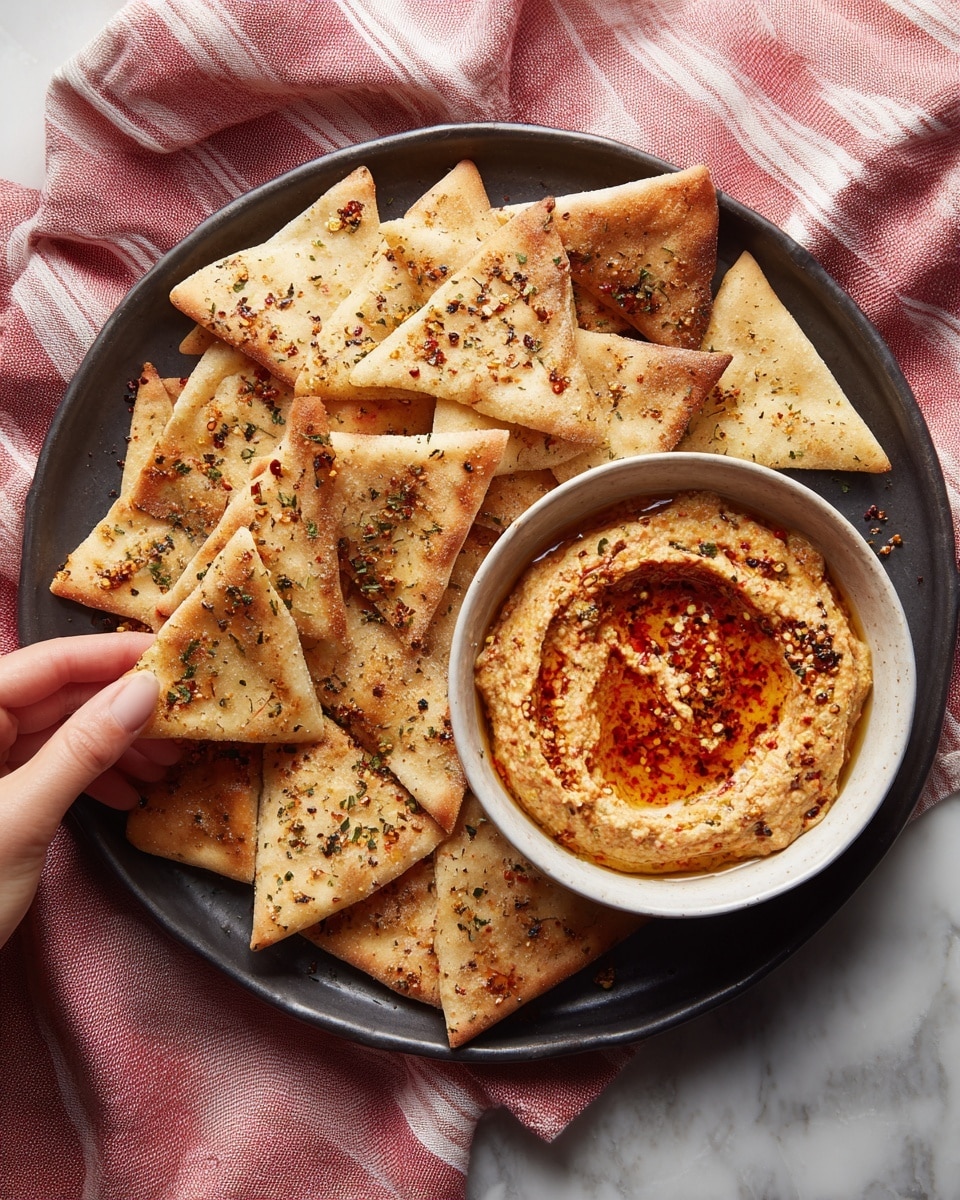 A dark round plate holds many triangle-shaped pita chips with a golden-brown toasted look, some sprinkled with herbs, spreading partly on a folded pink and white striped cloth on a white marbled surface. In the center of the plate, there is a small white bowl filled with chunky reddish-brown dip topped with a drizzle of oil and some black pepper flakes. A woman’s hand reaches from the left side of the frame, dipping one of the pita chips into the dip. Photo taken with an iphone --ar 4:5 --v 7