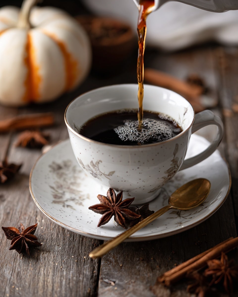 A white teacup with a subtle floral pattern is placed on a matching white saucer with small black speckles, sitting on a rustic wooden surface. Dark coffee is being poured into the cup from above, showing the dark brown liquid mid-pour with gentle ripples already formed inside the cup. A golden spoon with a star anise on it rests on the saucer, and more star anise and cinnamon sticks sit scattered on the wooden surface nearby. In the background, a small white pumpkin with orange stripes adds a cozy, autumn feel. The scene is warm and inviting with natural light highlighting the textures and colors. Photo taken with an iphone --ar 4:5 --v 7